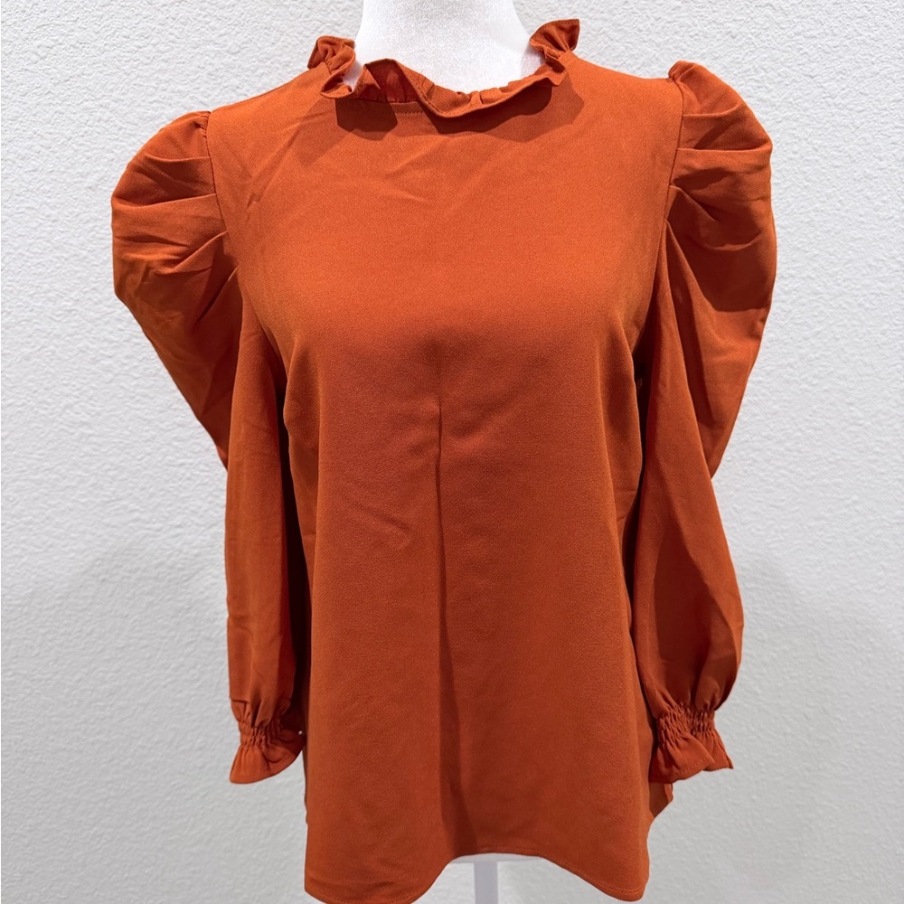 Sugarlips Rust Puff Sleeve Ruffle Neck Blouse